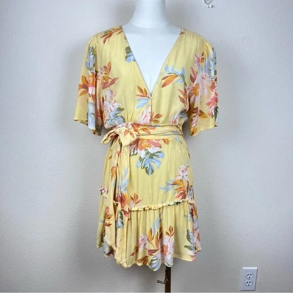 Dress Womens Medium Mini Fit and Flare Ruffle Floral Cottage Yellow - Picture 1 of 4